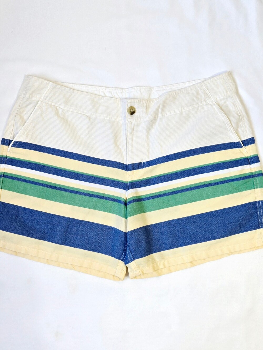 Columbia PFG Women’s Size 14 Striped Fishing Shorts Cotton Blue Green Yellow